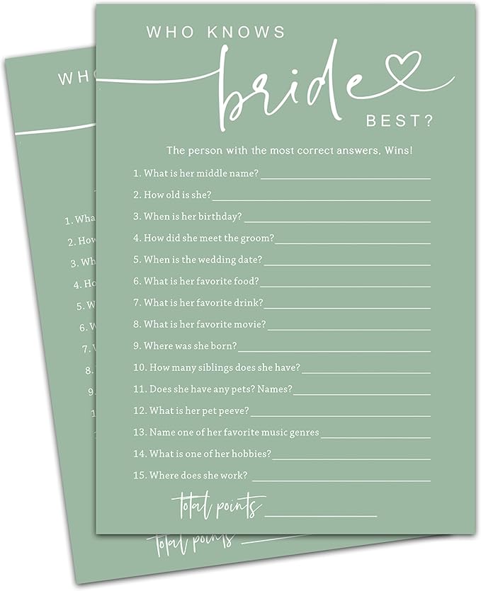 Who Knows The Bridal Best, Sea Green Bridal Shower Games, 30 Elegant Wedding Game for Bachelorette Engagement Party Supplies Favors - A05
