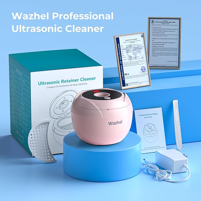 Ultrasonic Retainer Cleaner Machine, 45kHz Dental Cleaning Pod for Denture, Mouth Guard, Night Guard, Aligner, Braces, Toothbrush, 200ML Denture Cleaner with Digital Timer & 4 Modes, Pink
