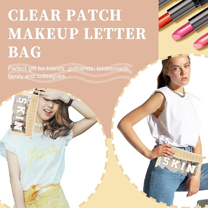 Boho Patch Skin Bag Clear Makeup Letter Bag, Waterproof Zipper Make up Bags Toiletry Pouch for Women Girls, Clear Letter Patch Cosmetic Bags Transparent Organizer Pouch for Travel(Skin, Beige)