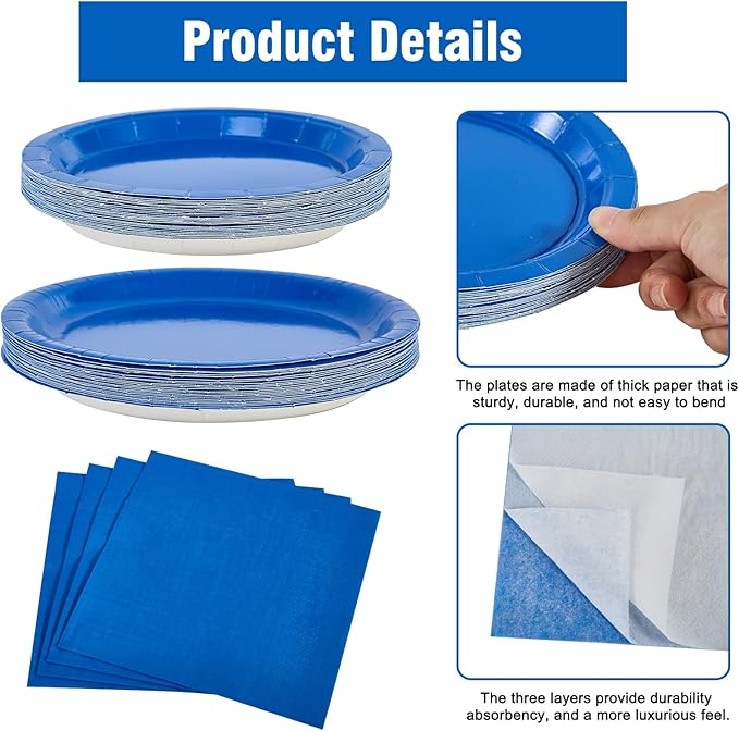 Ottin 169PCS Roayl Blue Party Supplies for 24 Guests – Disposable Paper Plates, Napkins, Cups, Forks, Knives, Spoons & Tablecloth for Birthday, Wedding, Halloween, Thanksgiving, Christmas, New Year