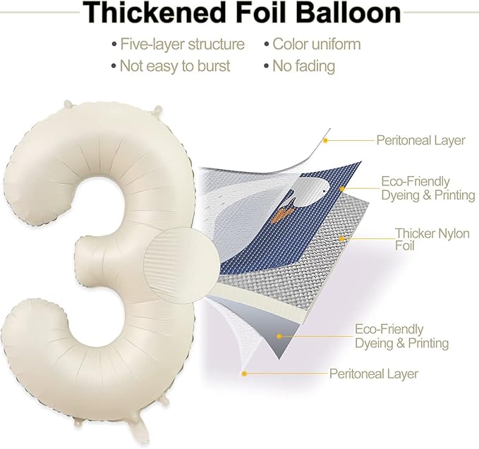 3 Balloon, Number 3 Balloon, 3 Balloon Number 40 Inch, Sand White Large Big Foil Number Balloons for Birthday Party Graduation Wedding Anniversary Baby Shower Bachelorette Decoration Supplies