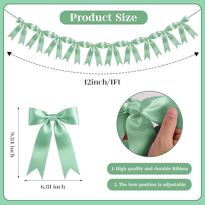 Pre-Strung Extra Large Bow Garland Decorations Jumbo Reusable Bow Banner with 12 Colors Options for Bachelorette Parties Bridal Showers Birthdays Baby Showers & Valentine’s Day (Sage Green)