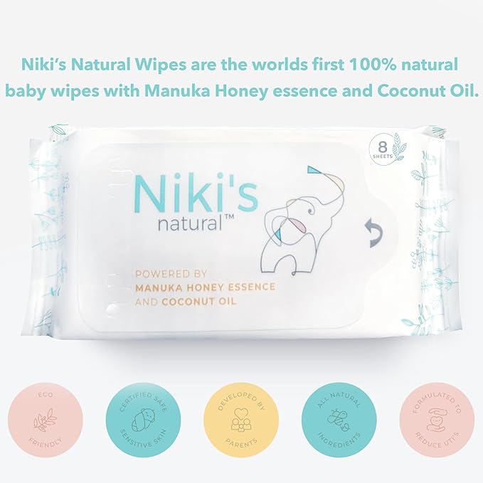 Niki's Natural Pocket Baby Wipes | Organic Baby Wipes Sensitive | Made with Manuka Honey and Coconut Oil, Unscented | EWG Verified | 320 Wipes (40 Pack x 8 Count Wipes)