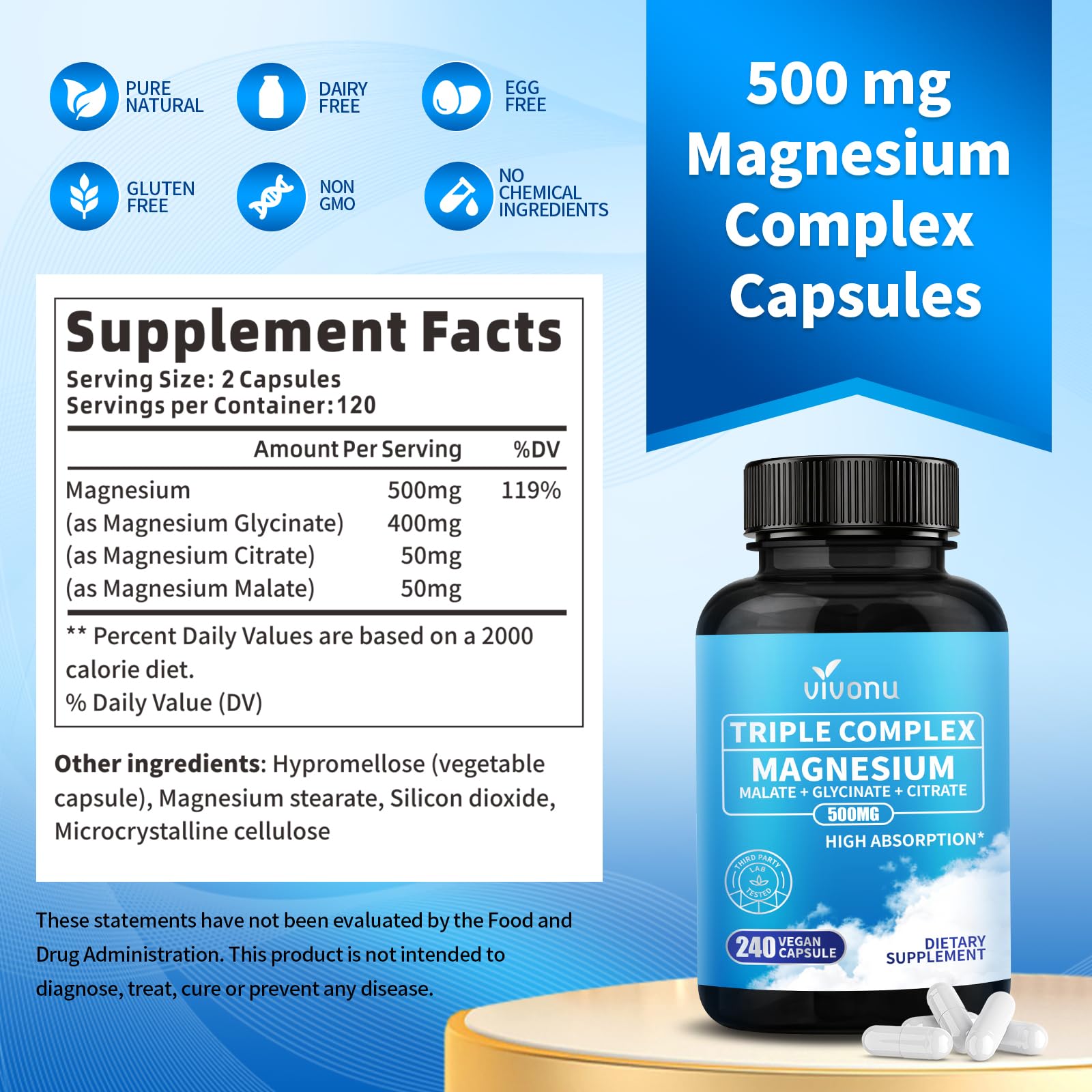 3 Pack Triple Magnesium Complex - Magnesium Glycinate 400mg, Malate, Citrate, High Absorption Chelated Magnesium Supplement