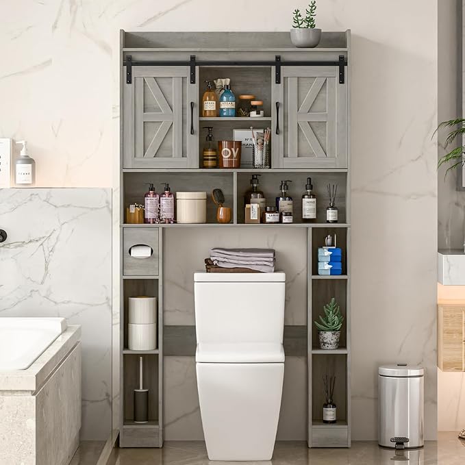 Farmhouse Storage Cabinet Over Toilet with Sliding Doors，Over The Toilet Storage Cabinet, Home Space-Saving Toilet Rack, for Bathroom, Restroom, Laundry