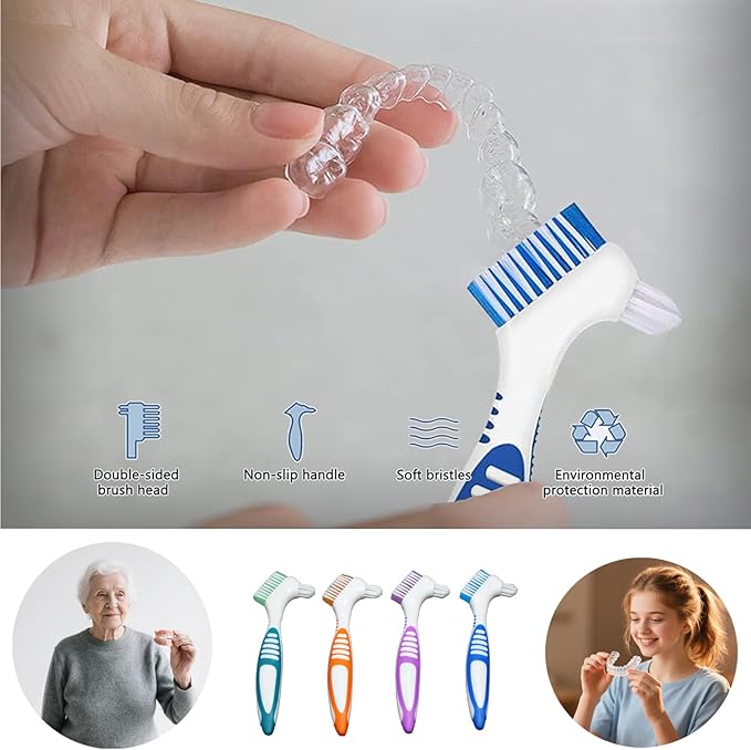 Denture Brush Dual Head Toothbrushes False Teeth Brush Denture Cleaning Kit Toothbrush (Blue Green)