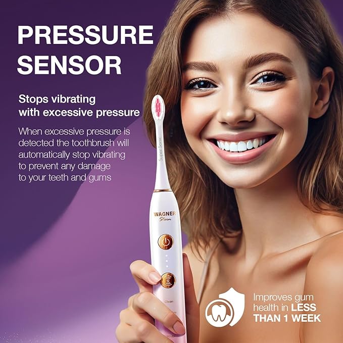 Wagner Stern WHITEN+ Edition. Whitening Electric Toothbrush with Pressure Sensor. Offers 5 Brushing Modes, 3 intensities, 8 Soft Brush Heads, and a Luxury Travel case. (Magnolia)