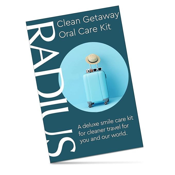 RADIUS Clean Getaway Deluxe Oral Care Gift Set (Tour Toothbrush With Replacement Head, Organic Matcha Mint Toothpaste, 0.8oz, Biodegradable Silk Travel Floss, Blue Travel Bag), 1 Count
