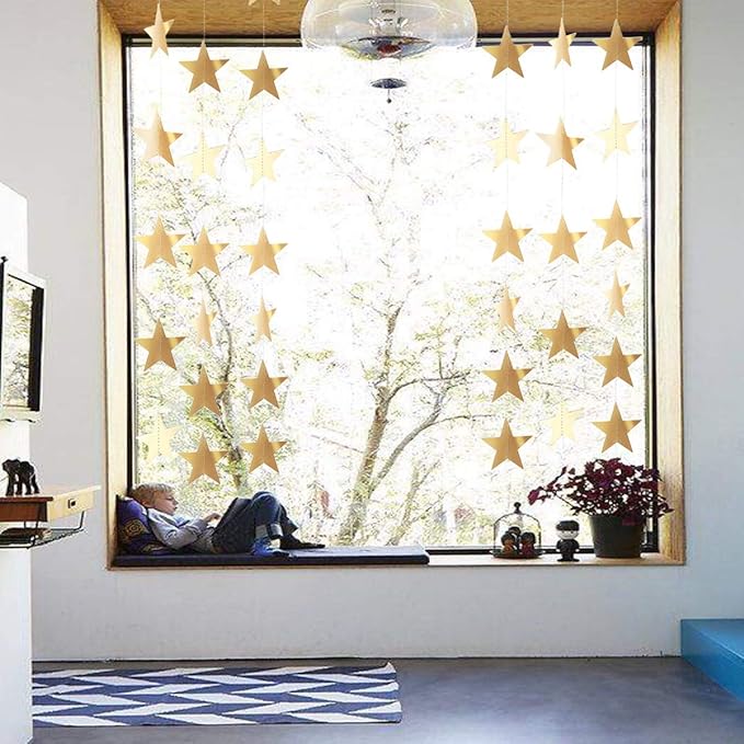 Gold Star Garland Banner Decorations - 156 Feet Bright Gold Paper Garland Hanging Decorations, Glitter Star Bunting Banner for Wedding, Birthday, Holiday, Christmas Party
