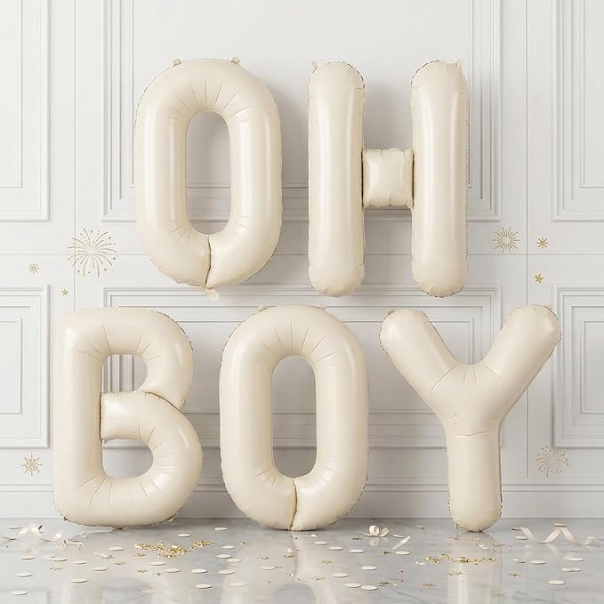 40 Inch Beige Oh Boy Balloons, Large Cream White OH BOY Balloon Letters, Neutral Ivory Sand White Big Alphabet Banner Sign Balloon for Boys Birthday Baby Shower Gender Reveal Party Decorations