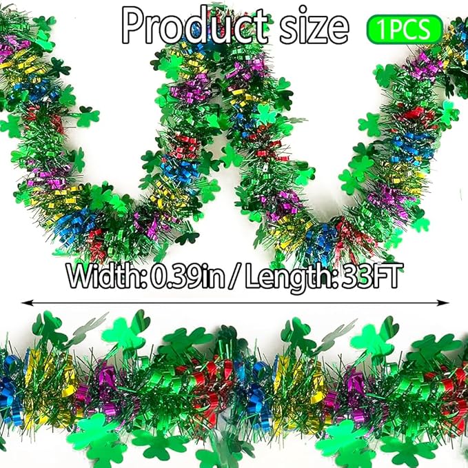 33Ft St Patrick's Day Tinsel Twist Garland Decorations Shiny Thick Shamrock Metallic Foil Wreath for St Patricks Day Irish Festival Party Parade Floats and Other Holidays Hanging Decor Supplies