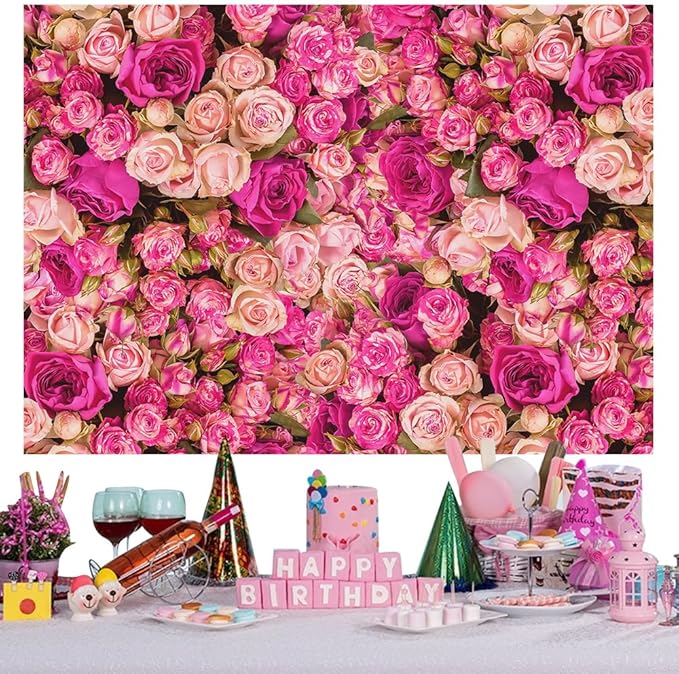 7x5FT Pink Red Rose Floral Wall Backdrop Flowers Photography Background Mothers Day Valentine's Day Backdrop Girls Birthday Party Baby Shower Wedding Decoration Banner
