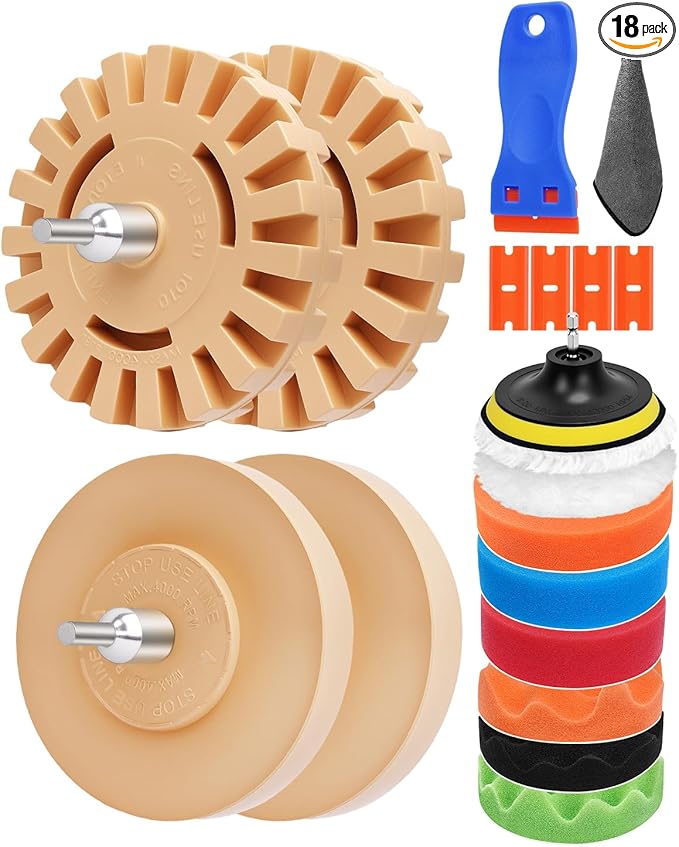 18Pcs Decal Remover Wheel Kit, Rubber Wheel for Tape Sticker Adhesive Removal Tool, with Serrated&Solid Eraser Wheel, Polishing Pads and Razor Blades