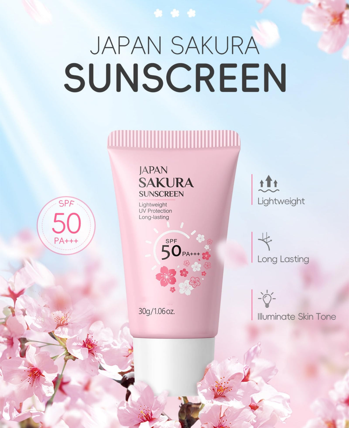 Hydrating Sunscreen SPF 50 – 2Packs Travel Size Lightweight Hydrating JAPANESE SAKURA Face & Body Sunscreen, Moisturizing Isolation Cream Non-Greasy, Fast-Absorbing, No White Cast, 1.06fl.oz ea