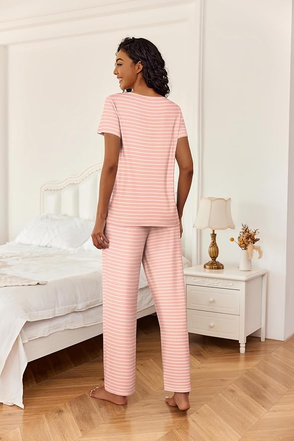 Ekouaer 2 Piece Womens Pajamas V Neck Short Sleeve Top and Long Pants Pjs Print Lounge Set Sleepwear