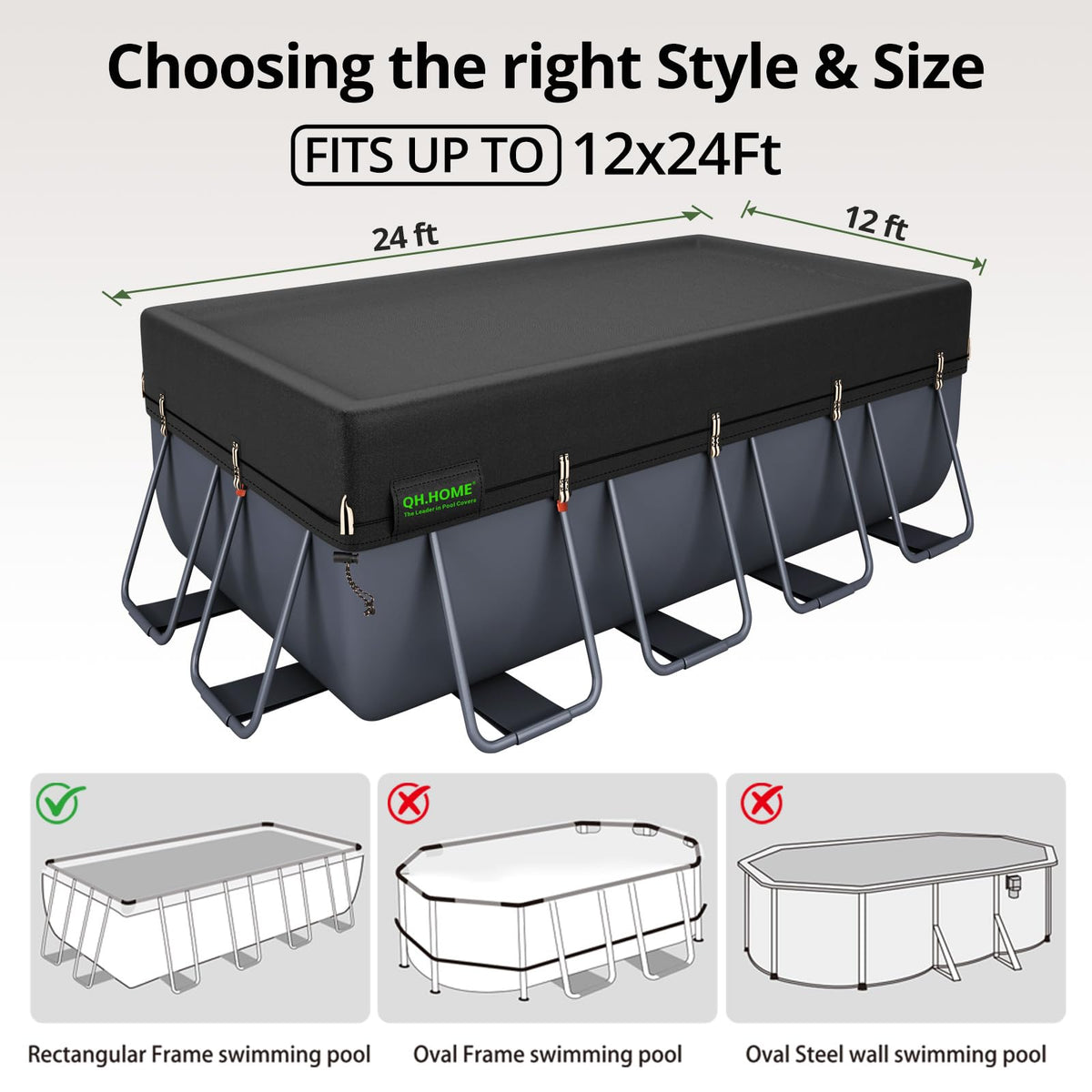 QH.HOME 550D 12x24 Ft Rectangular Pool Cover [Upgraded Tear Resistant & Quadruple Windpoof]wth Pre-Installed Winch and Rope,Pool Covers for Above Ground Pools Rectangle-Snug Fit&Waterproof Protection