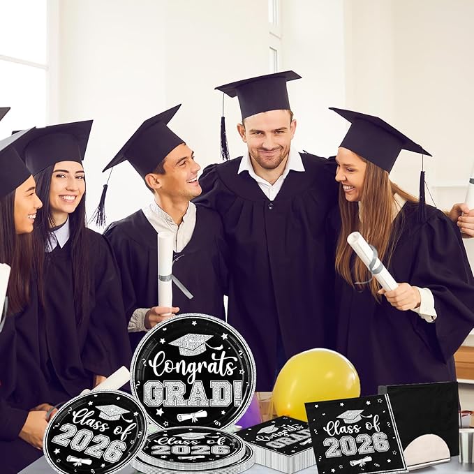 Graduation Plates and Napkins 2026,Black and Silver Graduation Decorations 200pcs Graduation Paper Plates and Napkins Graduation Party Supplies for Graduation Party Decorations,Serve 50