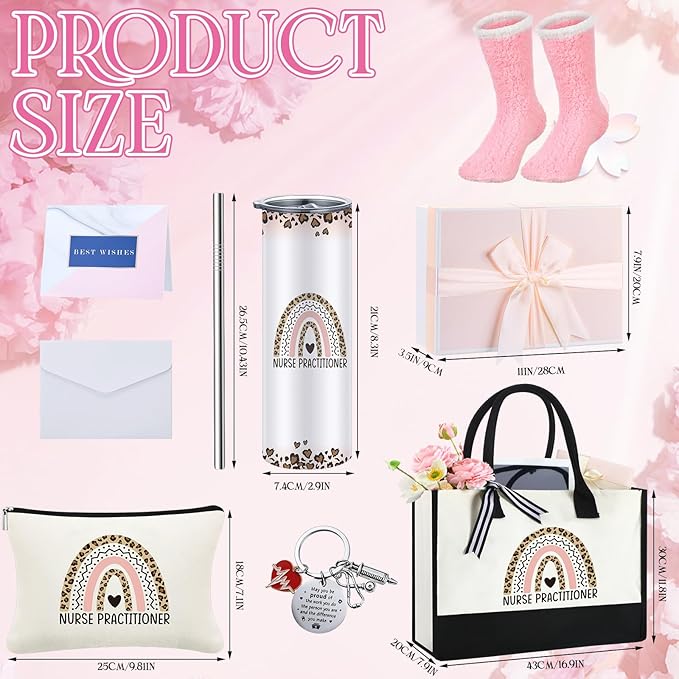 Geiserailie 8 Pcs Christmas Nurse Practitioner Gifts for Women Including Large Tote Bag Cosmetic Bags Tumbler Cup Plush Socks Metal Keychain Card and Envelope for Nurse Practitioner Thank You Gifts