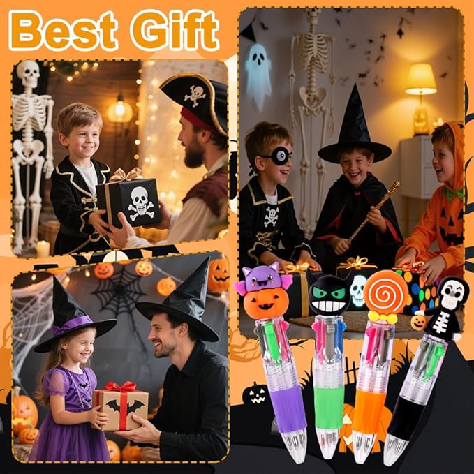 24PCS Halloween Fun Pens Multicolor Ballpoint Pens 4 Colors in 1 Halloween Retractable 0.7mm Multicolor Writing Stationery for Party Favors Supplies Rewards Holiday Gifts