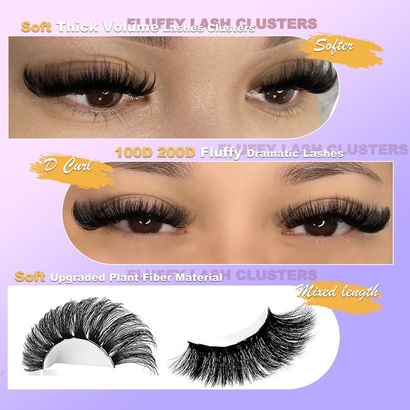 TIKILEY Fluffy Lash Clusters Cat Eye Faux Mink Eyelash Clusters with Bottom Lash Clusters 100D 200D Individual Lashes D Curl Mega Volume Eyelash Extension Clusters 10-22mm