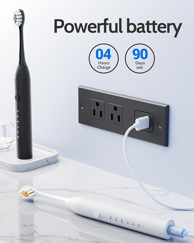 2 Pack Electric Toothbrush for Adults and Kids - Rechargeable Kids Ages 12+ and Adults with 12 Brush Heads & 2 Electric Toothbrush, 90 Days Battery Life - Black and White
