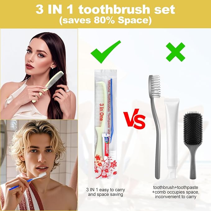 50 Pack Disposable Toothbrushes with Toothpaste and Comb for Homeless Individually Wrapped-Suitable for Hotel,Air Bnb,Shelter/Homeless/Nursing Home/Charity(（50 pcs）)