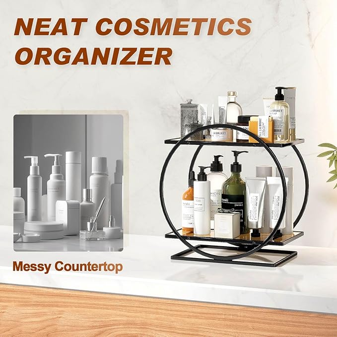 Perfume Organizer for Dresser, Black Bathroom Counter Organizer, 2 Tier Vanity Makeup Organizer, Bathroom Organizer and Storage for Skincare Cosmetic Perfume Display Stand for Bedroom Decor
