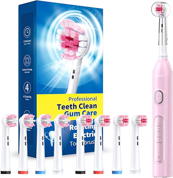 TEETHEORY Rotating Electric Toothbrush for Adults with 8 Brush Heads (2 Types), 4 Modes Deep Clean Electric Toothbrush with Rechargeable Power and 2 Min Smart Timer (2- Cherryblompink, p1)