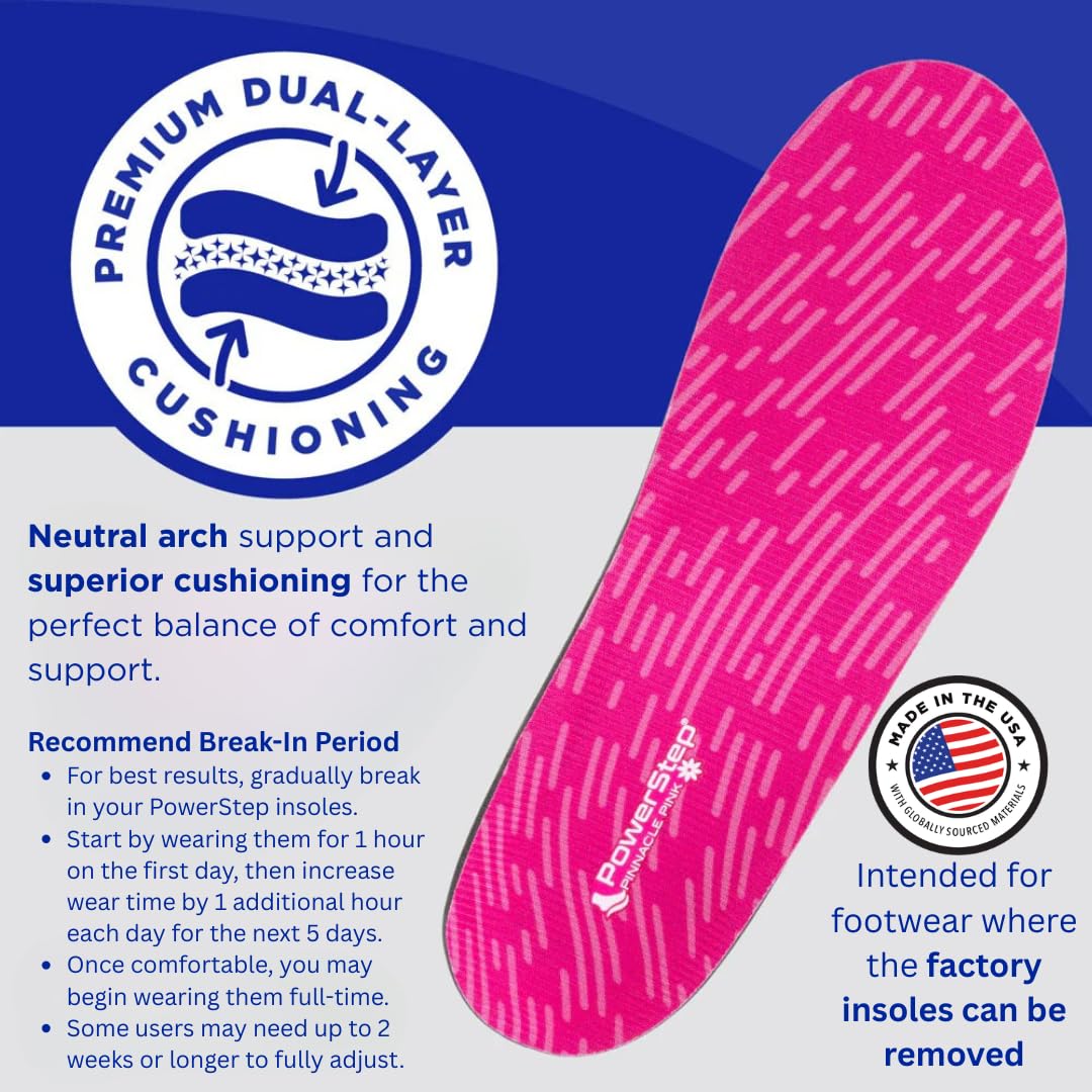 PowerStep Pinnacle Pink Orthotics for Women, Arch Support Inserts, Plantar Fasciitis Relief, Made in USA, Shoe Inserts, Maximum Cushioning, Deep Heel Cup for Pronation (W 8-8.5, M 6-6.5)