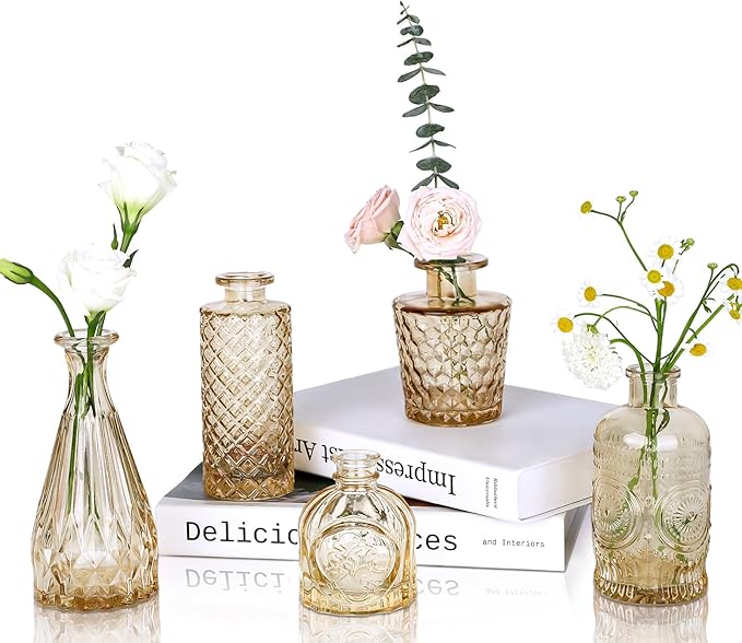 Amber Glass Bud Vases Set of 5, Gold Flower Vase for Centerpieces, Small Clear Vases in Bulk for Wedding Decorations, Vintage Vase for Table, Recepetion, Home Décor