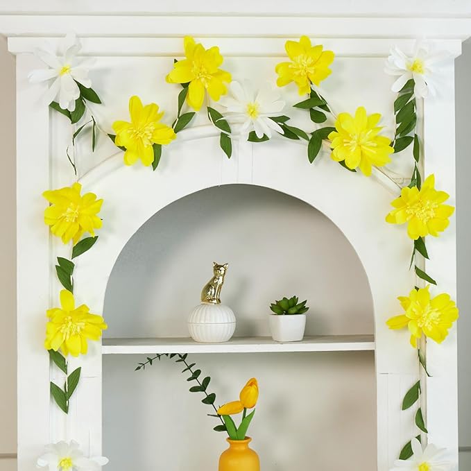 2PCS Yellow Flower Garland, Paper Flower Leaves Banner, Spring Paper Flower Garland for Birthday Baby Shower Wedding Garden Decor