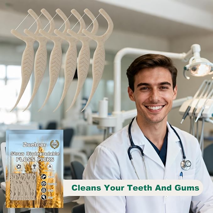 Straw Biodegradable Dental Floss Picks 200 Count,Zueloar Eco Friendly Natural Vegan Plant Based Floss Sticks,Tooth Flosser Clean for Adults Kids Oral Gum Care (200)