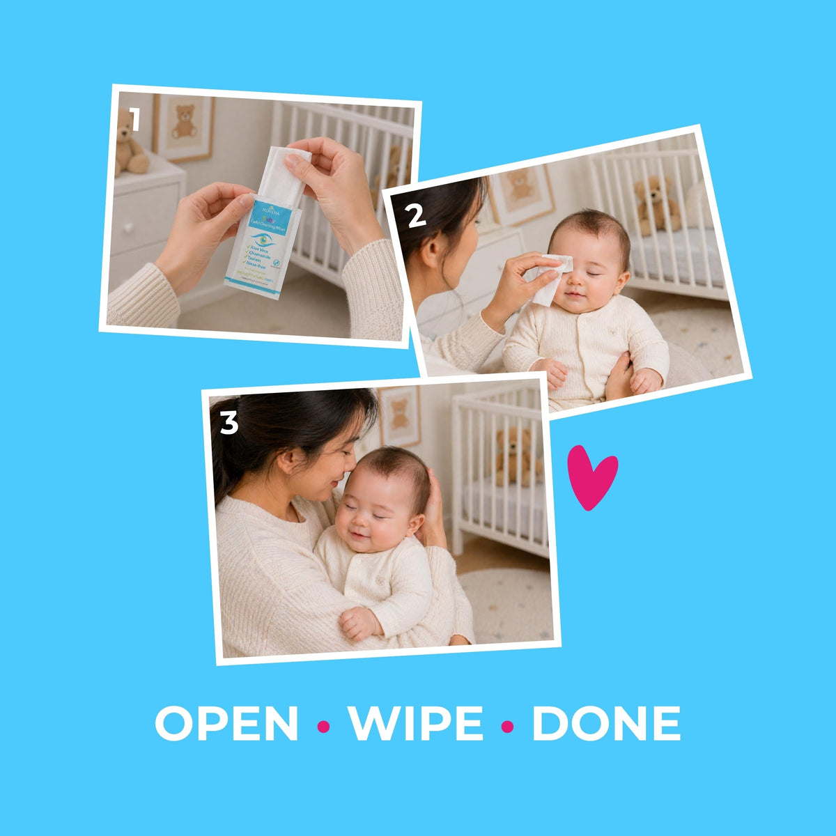NOVEHA 180Pcs Baby Eyelid & Lash Wipes | Safe & Natural Pack of 60 Pre-moistened Wipes (3 Pack)