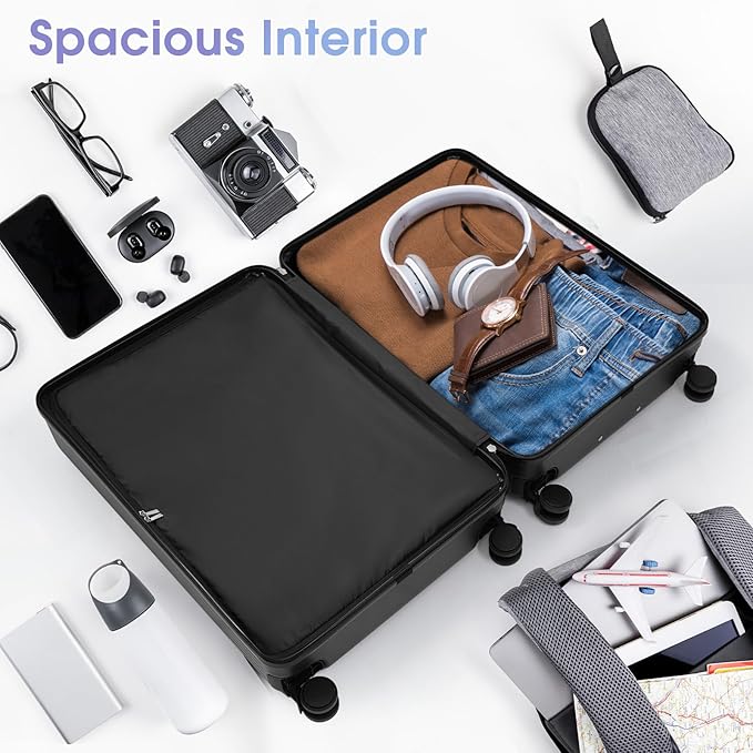 Hardside Luggage Sets, Lightweight Wave Suitcase with Spinner Wheels, Black Wavy Lines