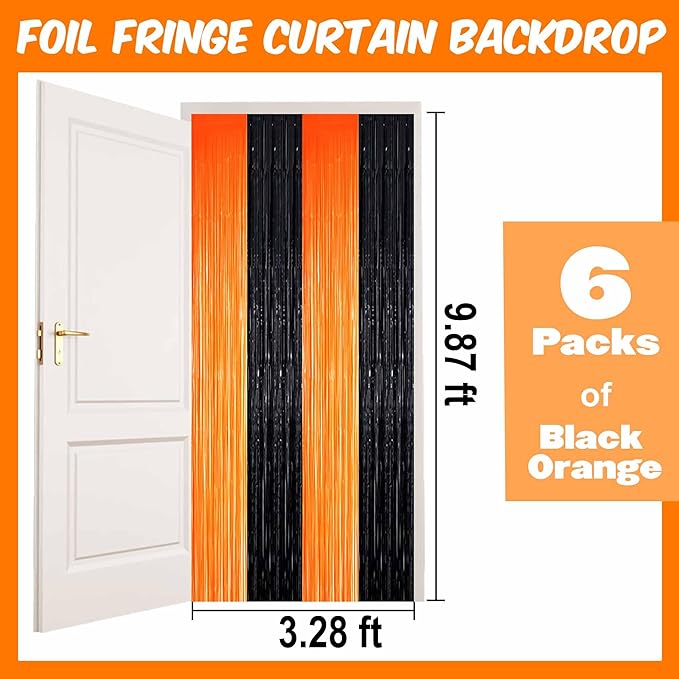 6 Pack Black Orange Foil Fringe Curtains Backdrop, 3.28 x 9.8 Ft Metallic Streamers Tinsel Curtains Background for Photo Booth, Birthday, Halloween, Christmas, Thanksgiving, New Year Party Decorations