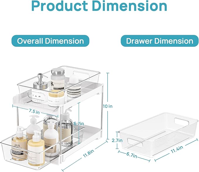 Vtopmart 8 Pack Bathroom Organizer, 2 Tier Clear Under Sink Organizers Vanity Countertop Storage Container,Cabinet Drawers Bins, Pull-Out Organization with Track for Pantry, Kitchen
