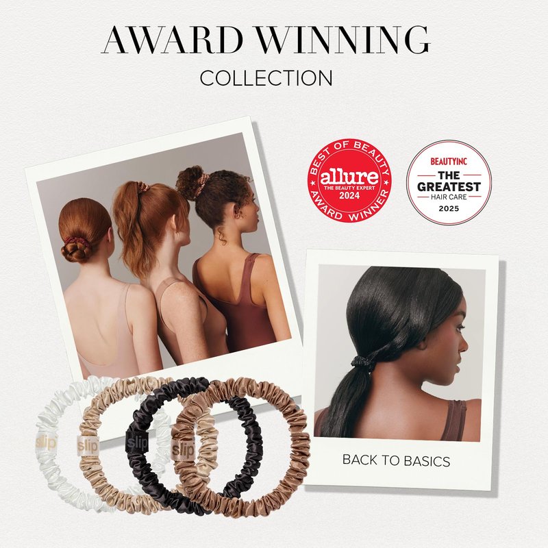 Slip Silk Hair Ties — Skinny Silk Black Scrunchies, No Damage, No Crease, Anti-Breakage |100% Mulberry Silk | All Hair Types | Made with Proprietary Slipsilk™ | Set of 4