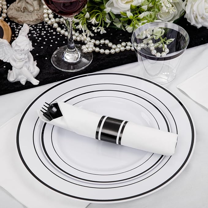WELLIFE 350Pcs Black Plastic Dinnerware with Pre Rolled Napkins, Include:50 Dinner Plates, 50 Dessert Plates, 50 Paper Napkins, 50 Cups, 150 Plastic Cutlery