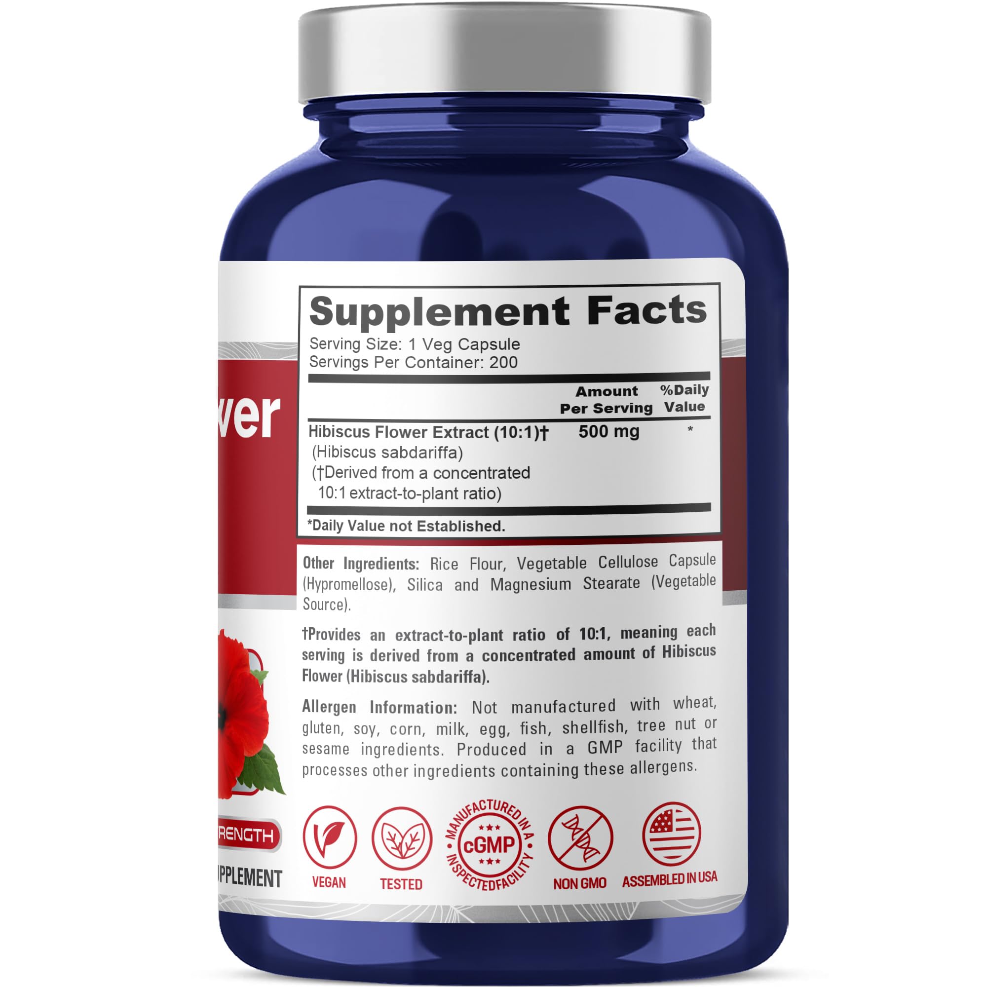 NusaPure Hibiscus Flower Capsules, 500 mg, 200 Veg Capsules (Non-GMO, Vegan)