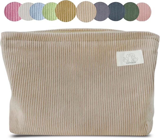 HAPPYHEIDI Creamy Light Khaki Corduroy Makeup Bag Cosmetic Toiletry Travel Pouch, Make Up Accessory Purse Organizer, Canvas Lined