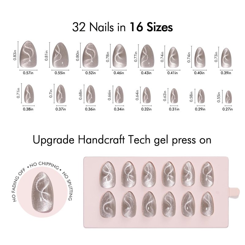 VSALON Press On Nails Short Almond- Cat Eye Silver Shimmer Nails Kit
