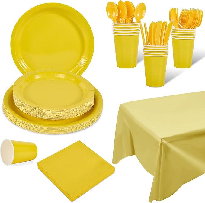 Ottin Yellow Party Supplies for 24 Guests 169PCS Disposable Paper Plates and Napkins Set with Cups, Forks, Knives, Spoons & Tablecloth – for Birthday Wedding Halloween Thanksgiving Christmas New Year