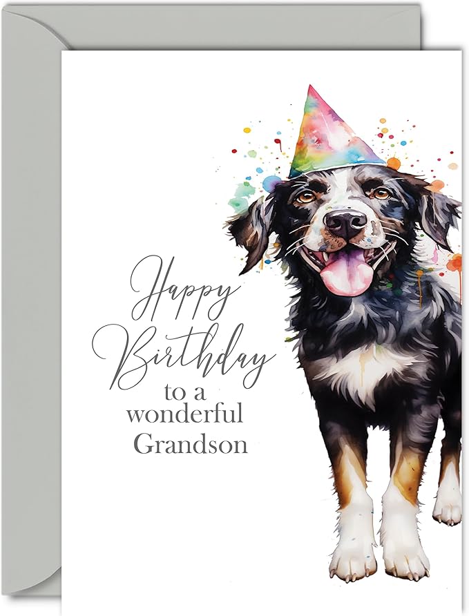 Birthday Cards for Grandson - Party Hat Dog - Happy Birthday Card for Grandson from Grandpa Nanny, A5 Bday Gifts Greeting Cards for Boys Him