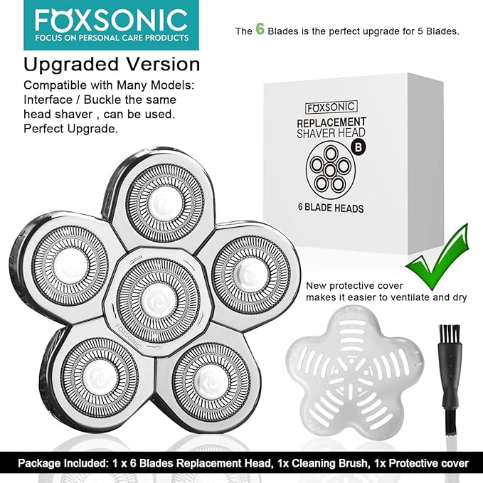 FOXSONIC Silvery Men's Electric Shaver Replacement Heads Electric Razor Blade Replacement Head 6 Blades Head Shaver replacement Bald Shaver Head Blade