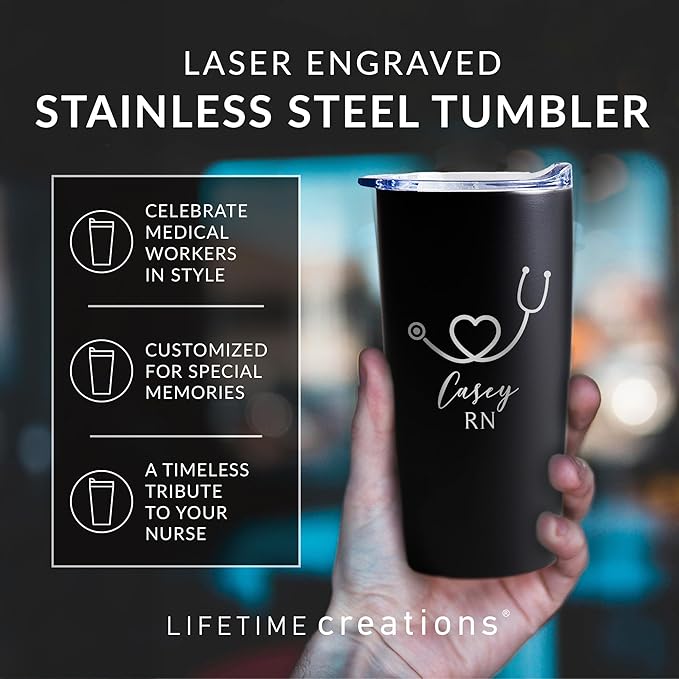 Lifetime Creations Engraved Personalized Nurse Stainless Steel Tumbler with Lid 20 oz (Black) - Custom Nurse Gift, Doctor, Healthcare Worker, RN Coffee Travel Mug