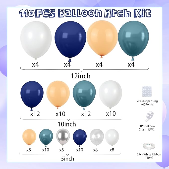 Ocean Theme Balloons Arch Kit, Sea Balloon Garland Arch Kit, Retro Sea Blue Apricot Silver Party Balloons for Ocean Voyage Shark Theme Birthday Party Decorations