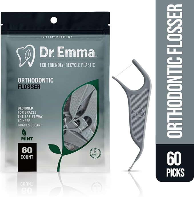 Dr. Emma Orthodontic Flossers for Braces, Ortho Dental Floss Picks, Mint Flavor 60 Count/Bag, Gray, 1 Pack