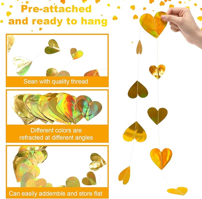 10 Pack 130ft Champagne-Gold Holographic Heart Party Garland Asymmetrical Love Hanging Banners for Birthday Wedding Engagement Bachelorette Neutral Baby Bridal Shower Decorations