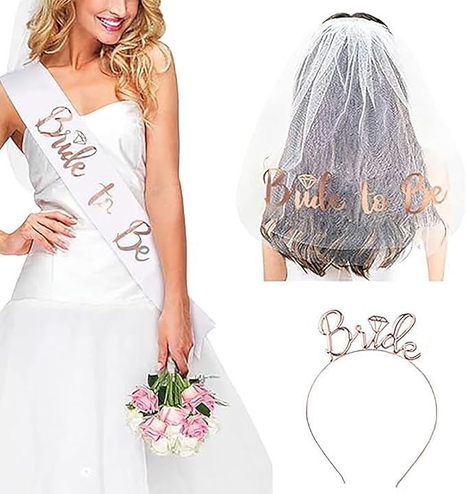 Delphinus Bride to Be Set, 3pack Bride to Be Sash & Headband Tiara & Shoulder Length Veil Bachelorette Party Supplies Bridal Shower Decoration Accessories