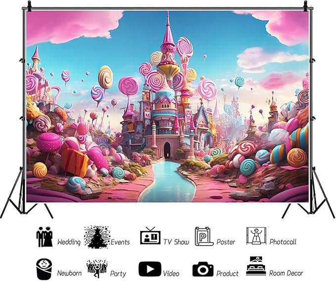 15x8ft Candyland Backdrop Fantasy Pink Castle Sweet Candy Photography Background Girls Birthday Candyland Theme Party Decorations Banner Photo Studio Props